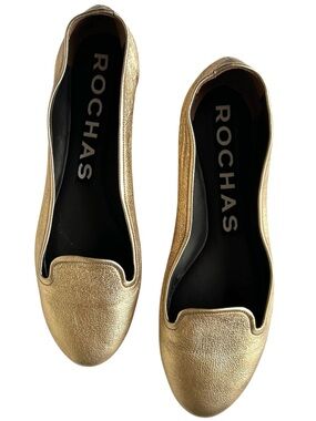 Rochas Ballet Flats EU 41 Metallic Gold Leather Loafer Made in Italy Old Money